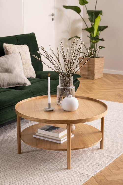 Okrągły stolik kawowy Banbury, stolik kawowy dębowy, okrągły stolik z drewna dębowego, stolik okrągły do salonu, dwupoziomowy stolik kawowy