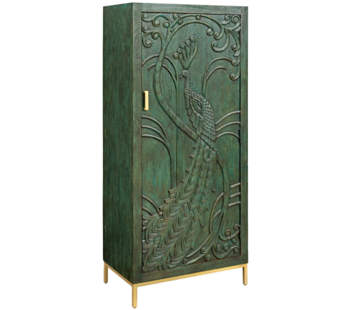 regał Peacock, regał z drewna mango, regał zielony, regał rzeźbiony, regał boho, regał egzotyczny, regał do salonu, regał do jadalni, regał z motywem pawia