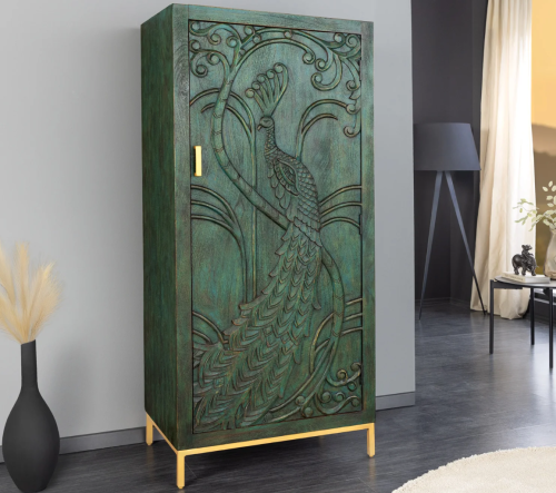 regał Peacock, regał z drewna mango, regał zielony, regał rzeźbiony, regał boho, regał egzotyczny, regał do salonu, regał do jadalni, regał z motywem pawia