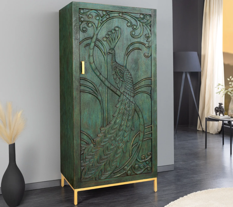 regał Peacock, regał z drewna mango, regał zielony, regał rzeźbiony, regał boho, regał egzotyczny, regał do salonu, regał do jadalni, regał z motywem pawia