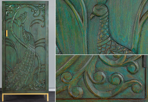 regał Peacock, regał z drewna mango, regał zielony, regał rzeźbiony, regał boho, regał egzotyczny, regał do salonu, regał do jadalni, regał z motywem pawia