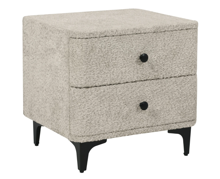 szafka nocna Art Deco, szafka nocna tapicerowana, szafka bouclé szara, szafka nocna do sypialni, nowoczesna szafka nocna, szafka z szufladami, elegancka szafka nocna, szafka nocna metalowe nóżki, szafka nocna uchwyty czarne, designerska szafka nocna