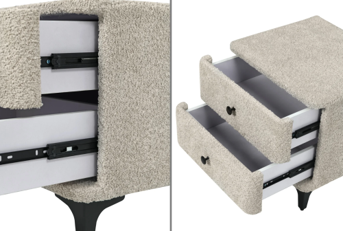 szafka nocna Art Deco, szafka nocna tapicerowana, szafka bouclé szara, szafka nocna do sypialni, nowoczesna szafka nocna, szafka z szufladami, elegancka szafka nocna, szafka nocna metalowe nóżki, szafka nocna uchwyty czarne, designerska szafka nocna