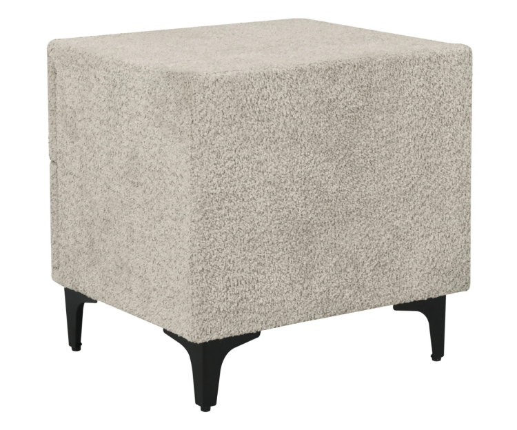 szafka nocna Art Deco, szafka nocna tapicerowana, szafka bouclé szara, szafka nocna do sypialni, nowoczesna szafka nocna, szafka z szufladami, elegancka szafka nocna, szafka nocna metalowe nóżki, szafka nocna uchwyty czarne, designerska szafka nocna