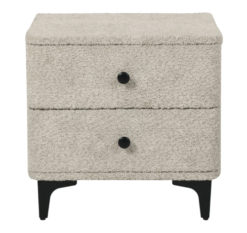 szafka nocna Art Deco, szafka nocna tapicerowana, szafka bouclé szara, szafka nocna do sypialni, nowoczesna szafka nocna, szafka z szufladami, elegancka szafka nocna, szafka nocna metalowe nóżki, szafka nocna uchwyty czarne, designerska szafka nocna