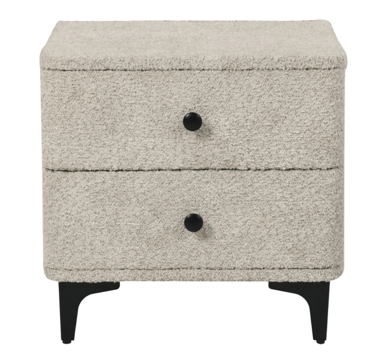 szafka nocna Art Deco, szafka nocna tapicerowana, szafka bouclé szara, szafka nocna do sypialni, nowoczesna szafka nocna, szafka z szufladami, elegancka szafka nocna, szafka nocna metalowe nóżki, szafka nocna uchwyty czarne, designerska szafka nocna
