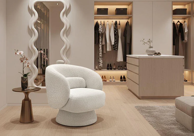 fotel Bossa Nova, fotel obrotowy, fotel Invicta, fotel boucle, fotel biały, fotel do salonu, fotel nowoczesny, fotel do sypialni, fotel do garderoby, fotel tapicerowany, fotel ergonomiczny