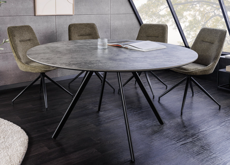 stół Atelier, stół okrągły, stół Invicta, stół do jadalni, stół szara okleina kamienna, stół metalowe nogi, nowoczesny stół, designerski stół, stół do salonu, stół minimalistyczny