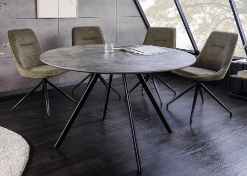 stół Atelier, stół okrągły, stół Invicta, stół do jadalni, stół szara okleina kamienna, stół metalowe nogi, nowoczesny stół, designerski stół, stół do salonu, stół minimalistyczny