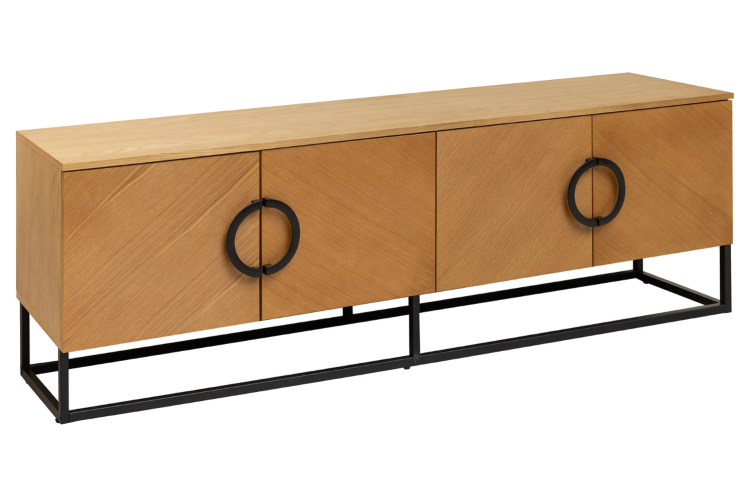 szafka pod TV Grandezza, szafka imitacja dębu, elegancka szafka, nowoczesna szafka, szafka z czarnymi detalami, szafka na stalowych nogach