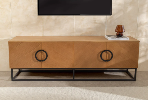 szafka pod TV Grandezza, szafka imitacja dębu, elegancka szafka, nowoczesna szafka, szafka z czarnymi detalami, szafka na stalowych nogach