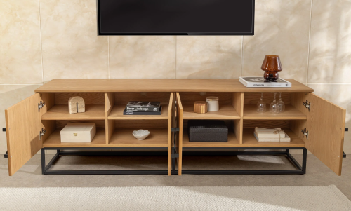szafka pod TV Grandezza, szafka imitacja dębu, elegancka szafka, nowoczesna szafka, szafka z czarnymi detalami, szafka na stalowych nogach