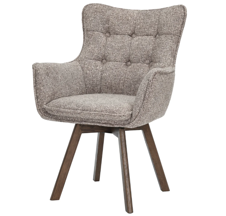 fotel obrotowy Thor, fotel z funkcją obrotu, fotel 360 stopni, fotel z drewnianymi nogami, fotel dębowy, fotel z podłokietnikami, fotel do salonu, elegancki fotel tapicerowany, fotel w jasnobrązowej tkaninie