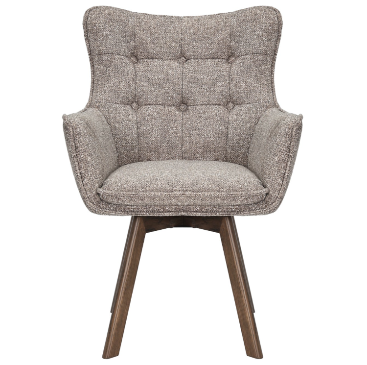 fotel obrotowy Thor, fotel z funkcją obrotu, fotel 360 stopni, fotel z drewnianymi nogami, fotel dębowy, fotel z podłokietnikami, fotel do salonu, elegancki fotel tapicerowany, fotel w jasnobrązowej tkaninie