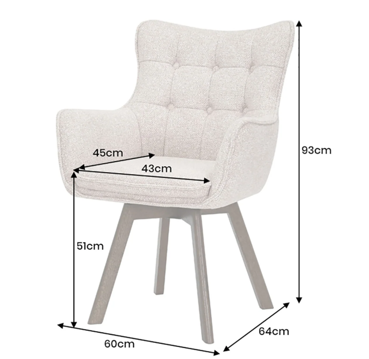 fotel obrotowy Thor, fotel z funkcją obrotu, fotel 360 stopni, fotel z drewnianymi nogami, fotel dębowy, fotel z podłokietnikami, fotel do salonu, elegancki fotel tapicerowany, fotel w jasnobrązowej tkaninie