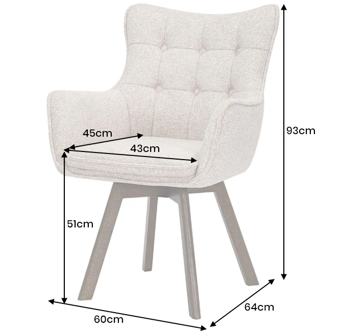 fotel obrotowy Thor, fotel z funkcją obrotu, fotel 360 stopni, fotel z drewnianymi nogami, fotel dębowy, fotel z podłokietnikami, fotel do salonu, elegancki fotel tapicerowany, fotel w jasnobrązowej tkaninie