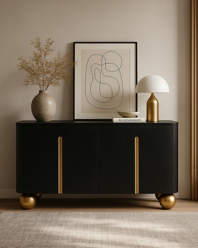 komoda Organic, komoda czarna i złota, komoda z drewna mango, nowoczesna komoda do salonu, elegancka komoda, komoda designerska, komoda z kulistymi nogami, komoda glamour, komoda art deco, komoda z pojemnymi szafkami, komoda luksusowa