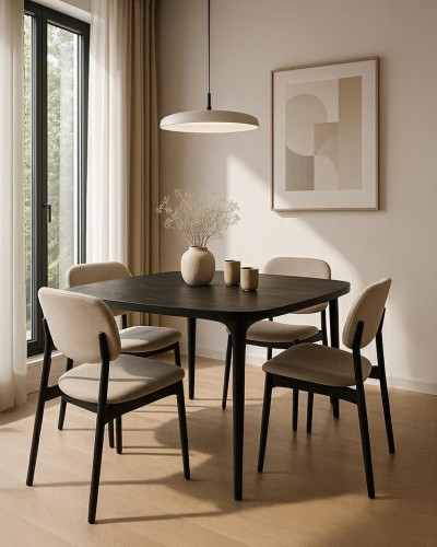 stół jadalniany Laminar, stół czarny drewno, stół z drewna mango, stół nowoczesny do jadalni, stół designerski, stół minimalistyczny, stół z organicznym blatem, stół smukła podstawa, stół elegancki i nowoczesny