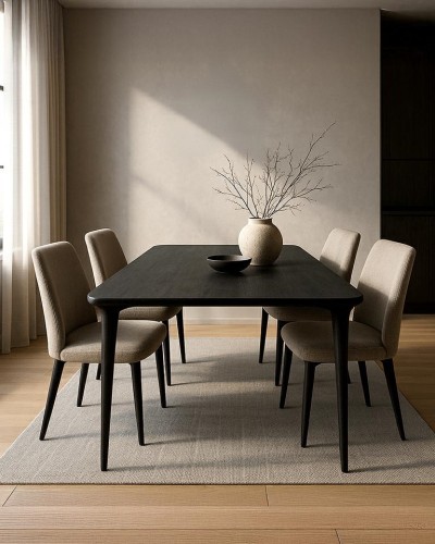 stół jadalniany Laminar, stół czarny drewno, stół z drewna mango, stół nowoczesny do jadalni, stół designerski, stół minimalistyczny, stół z organicznym blatem, stół smukła podstawa, stół elegancki i nowoczesny