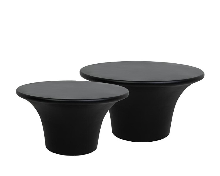 zestaw stolików kawowych Podium, stolik czarny MDF, stolik nowoczesny, stolik designerski, stolik minimalistyczny, stolik rzeźbiarski, stolik zaokrąglony, stolik cylindryczna podstawa, stolik funkcjonalny, stolik dekoracyjny do salonu