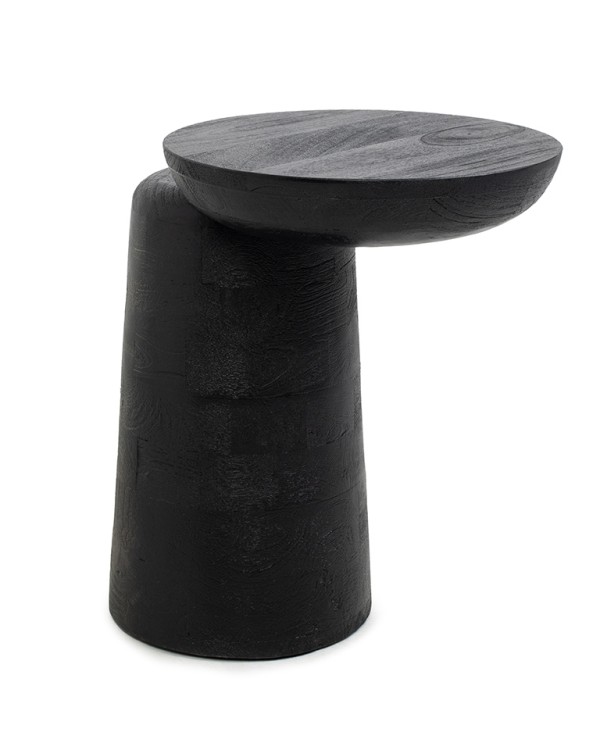 stolik boczny Elias, stolik czarny drewno mango, stolik nowoczesny, stolik designerski, stolik asymetryczny, stolik rzeźbiarski, stolik pomocniczy, stolik do salonu, stolik przy sofie, stolik przy fotelu