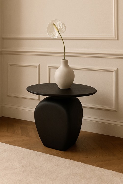 stolik Atlas, stolik czarny drewno mango, stolik nowoczesny, stolik designerski, stolik asymetryczny, stolik rzeźbiarski, stolik pomocniczy, stolik do salonu, stolik do sypialni, stolik elegancki, stolik artystyczny