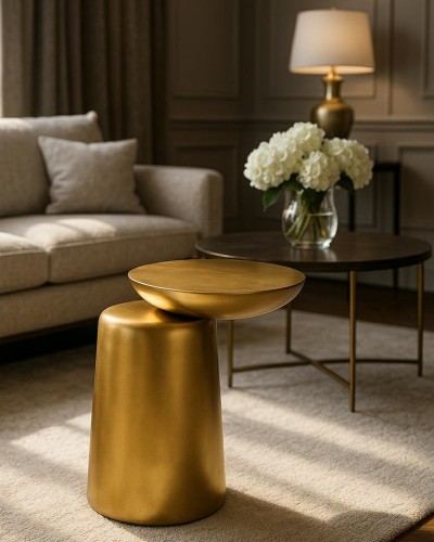 stolik boczny Elias, stolik złoty drewno mango, stolik nowoczesny, stolik designerski, stolik asymetryczny, stolik rzeźbiarski, stolik pomocniczy, stolik do salonu, stolik przy sofie, stolik przy fotelu