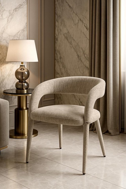 krzesło Iris, krzesło beżowe, krzesło tapicerowane, krzesło nowoczesne, krzesło designerskie, krzesło do jadalni, krzesło eleganckie, krzesło komfortowe, krzesło z podłokietnikami, krzesło do salonu