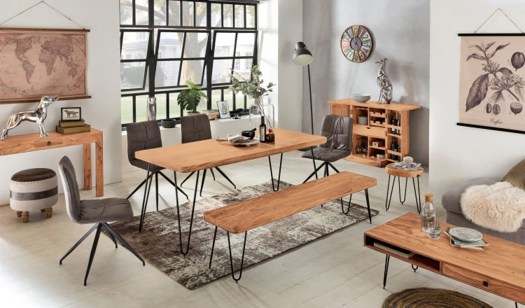 ławka Wohnling, ławka z drewna akacjowego, ławka drewniana, ławka do jadalni, styl industrialny