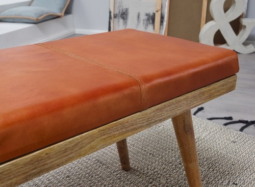 ławka Wohnling, ławka z drewna mango, ławka drewniana, ławka do jadalni, styl retro, ławka skórzana