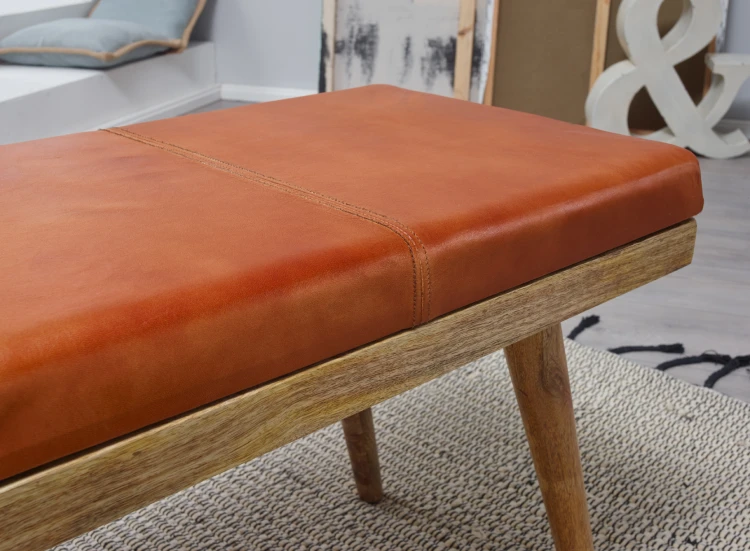 ławka Wohnling, ławka z drewna mango, ławka drewniana, ławka do jadalni, styl retro, ławka skórzana