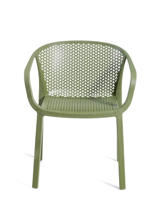 krzesło outdoor, nowoczesne krzesło, meble ogrodowe, odporność na warunki, perforowane oparcie, podłokietniki, ergonomia, komfort, styl industrialny, sztaplowanie, ogródek restauracyjny, balkon, trwałość, design