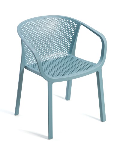 krzesło outdoor, nowoczesne krzesło, meble ogrodowe, odporność na warunki, perforowane oparcie, podłokietniki, ergonomia, komfort, styl industrialny, sztaplowanie, ogródek restauracyjny, balkon, trwałość, design