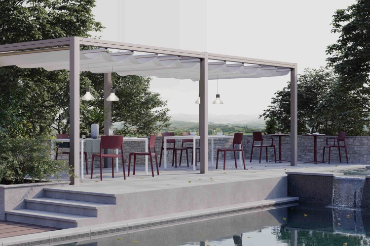 krzesło Lilibet, krzesło do kawiarni, krzesło na taras, meble restauracyjne, odporne krzesło outdoor, nowoczesne krzesło z tworzywa, wersja z podłokietnikami, krzesło do gastronomii, trwałe krzesło z tworzywa, lekkie krzesło plastikowe