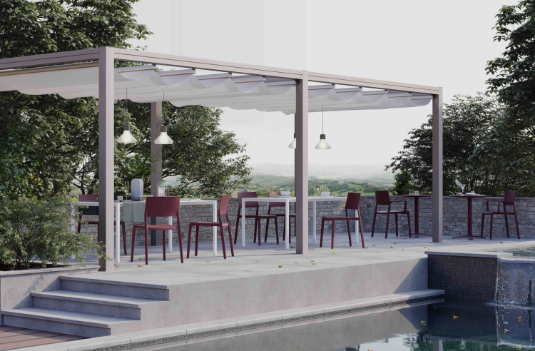 krzesło Lilibet, krzesło do kawiarni, krzesło na taras, meble restauracyjne, odporne krzesło outdoor, nowoczesne krzesło z tworzywa, wersja z podłokietnikami, krzesło do gastronomii, trwałe krzesło z tworzywa, lekkie krzesło plastikowe