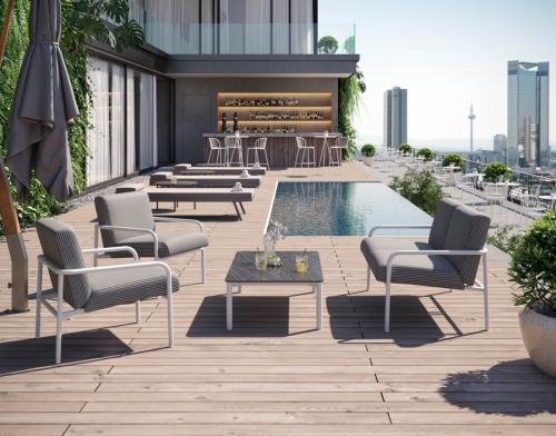 fotel aluminiowy, fotel tapicerowany, nowoczesny fotel, fotel z podłokietnikami, meble do baru, fotel sztaplowany, fotel do restauracji, design meble, fotel Pilar Lounge
