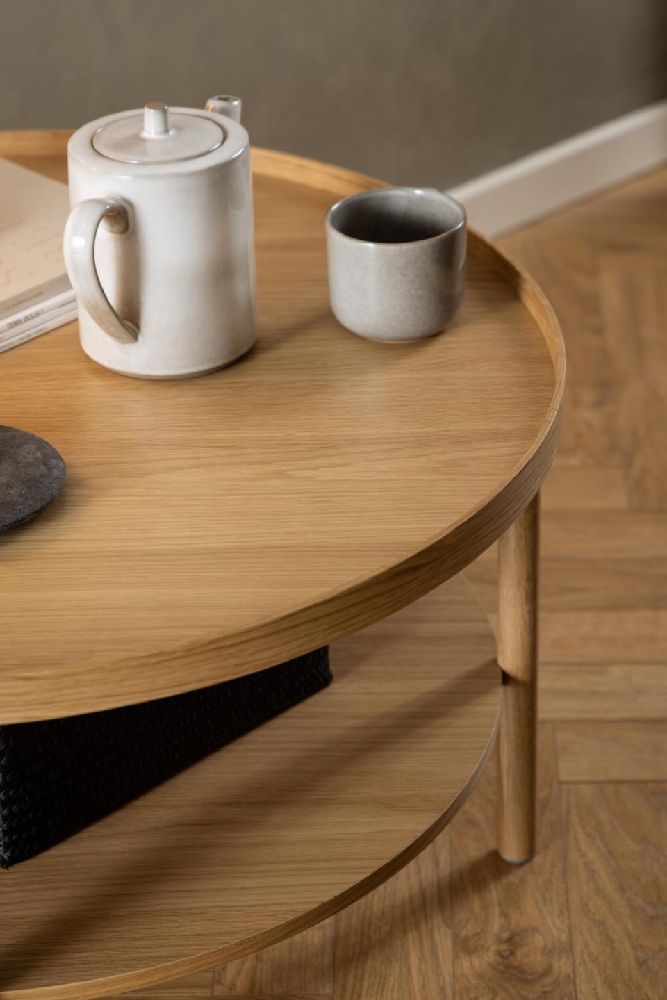 Okrągły stolik kawowy Banbury, stolik kawowy dębowy, okrągły stolik z drewna dębowego, stolik okrągły do salonu, dwupoziomowy stolik kawowy