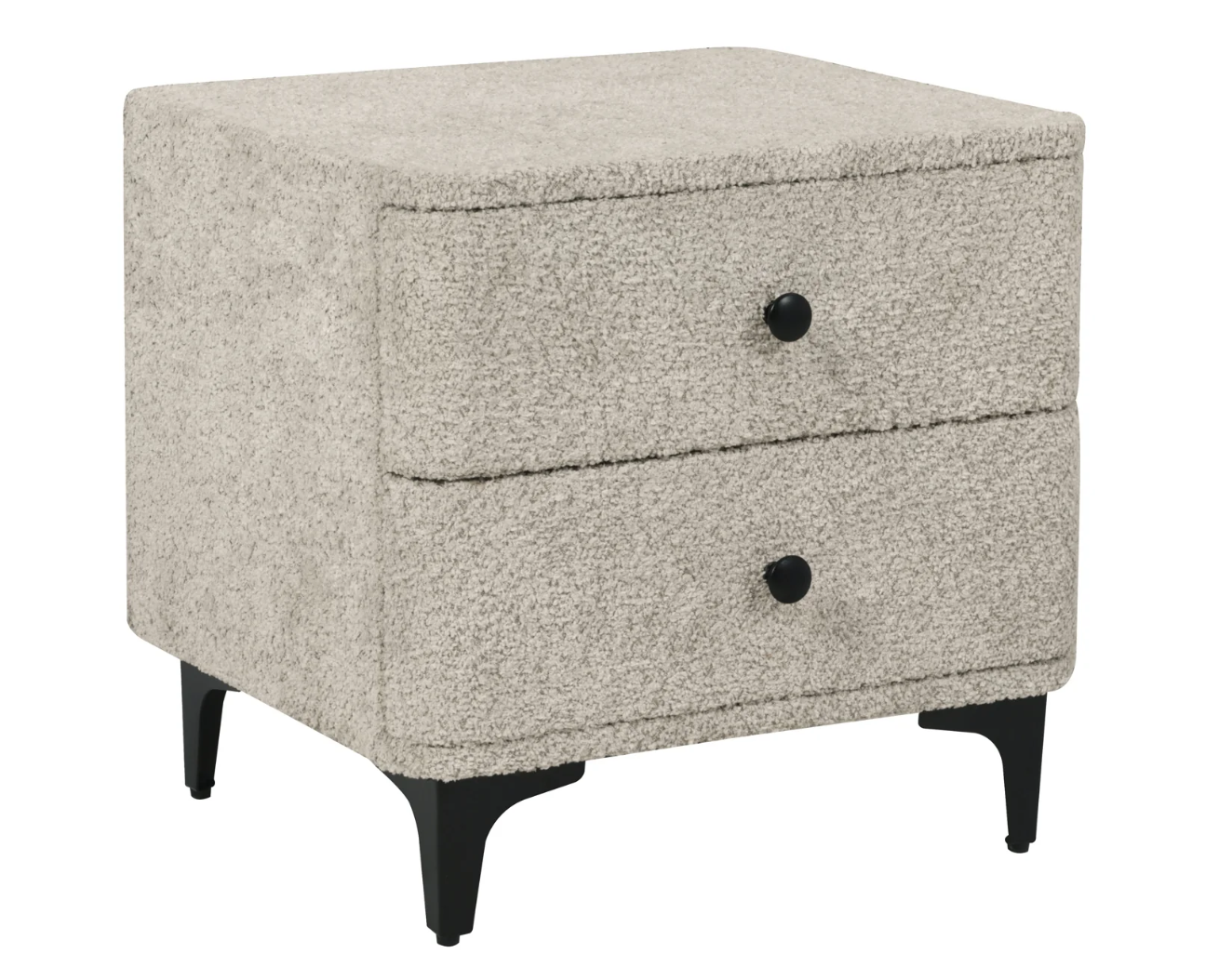 szafka nocna Art Deco, szafka nocna tapicerowana, szafka bouclé szara, szafka nocna do sypialni, nowoczesna szafka nocna, szafka z szufladami, elegancka szafka nocna, szafka nocna metalowe nóżki, szafka nocna uchwyty czarne, designerska szafka nocna