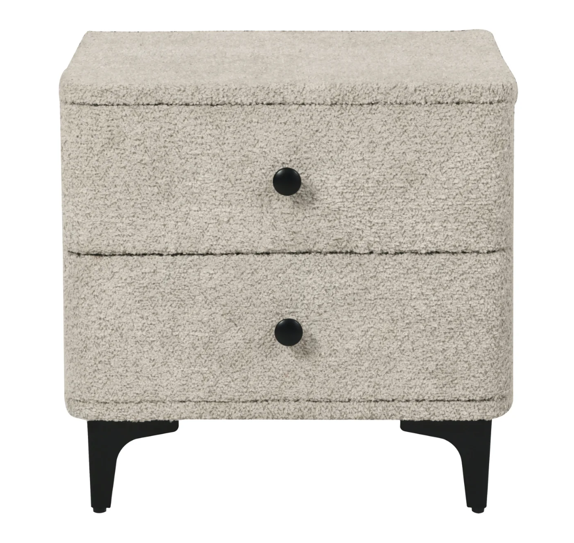 szafka nocna Art Deco, szafka nocna tapicerowana, szafka bouclé szara, szafka nocna do sypialni, nowoczesna szafka nocna, szafka z szufladami, elegancka szafka nocna, szafka nocna metalowe nóżki, szafka nocna uchwyty czarne, designerska szafka nocna