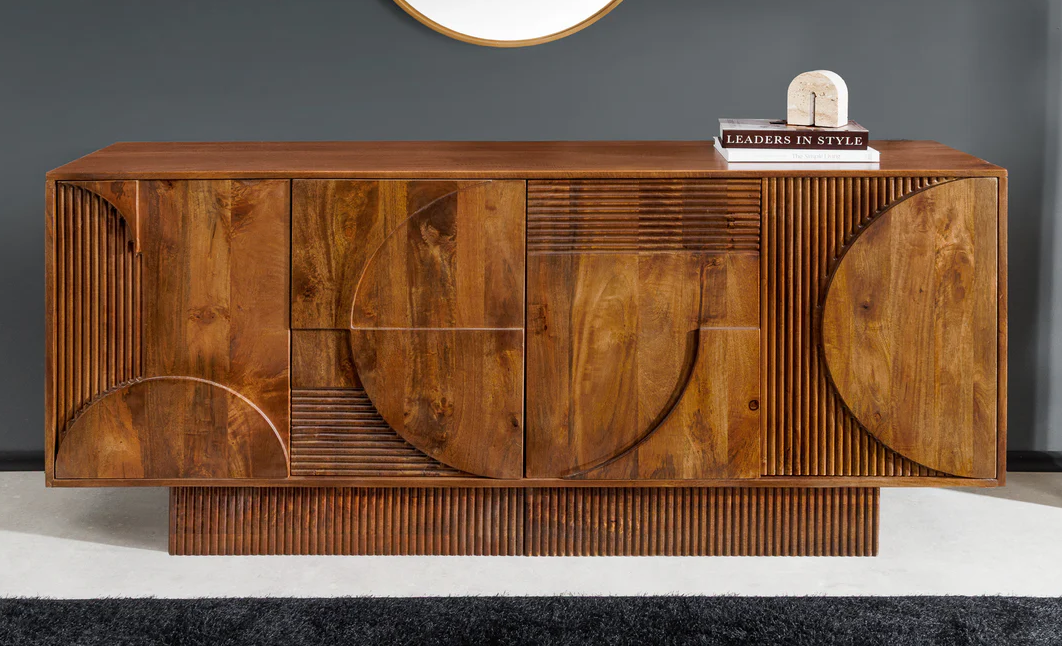 komoda art deco, komoda drewniana, komoda z drewna mango, meble art deco, drewniana komoda do salonu, komoda z rzeźbionymi frontami, komoda designerska, komoda nowoczesna