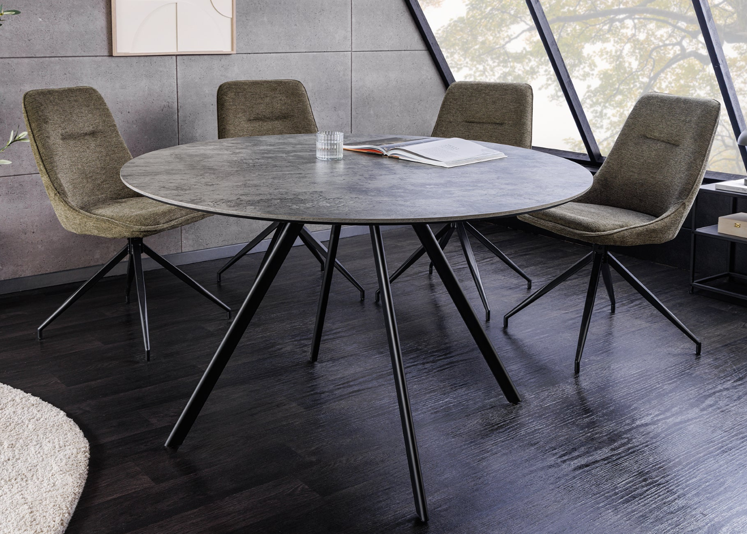 stół Atelier, stół okrągły, stół Invicta, stół do jadalni, stół szara okleina kamienna, stół metalowe nogi, nowoczesny stół, designerski stół, stół do salonu, stół minimalistyczny