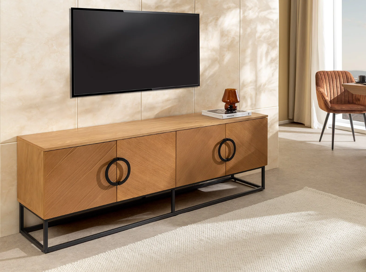 szafka pod TV Grandezza, szafka imitacja dębu, elegancka szafka, nowoczesna szafka, szafka z czarnymi detalami, szafka na stalowych nogach