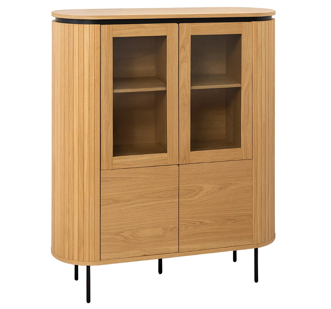 gablota Atelier, gablota dębowa, gablota z drewna i metalu, nowoczesna gablota do salonu, elegancka witryna drewniana, witryna Atelier, gablota do jadalni