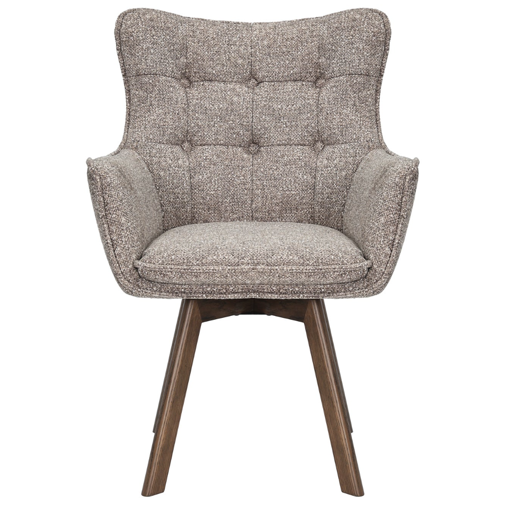 fotel obrotowy Thor, fotel z funkcją obrotu, fotel 360 stopni, fotel z drewnianymi nogami, fotel dębowy, fotel z podłokietnikami, fotel do salonu, elegancki fotel tapicerowany, fotel w jasnobrązowej tkaninie