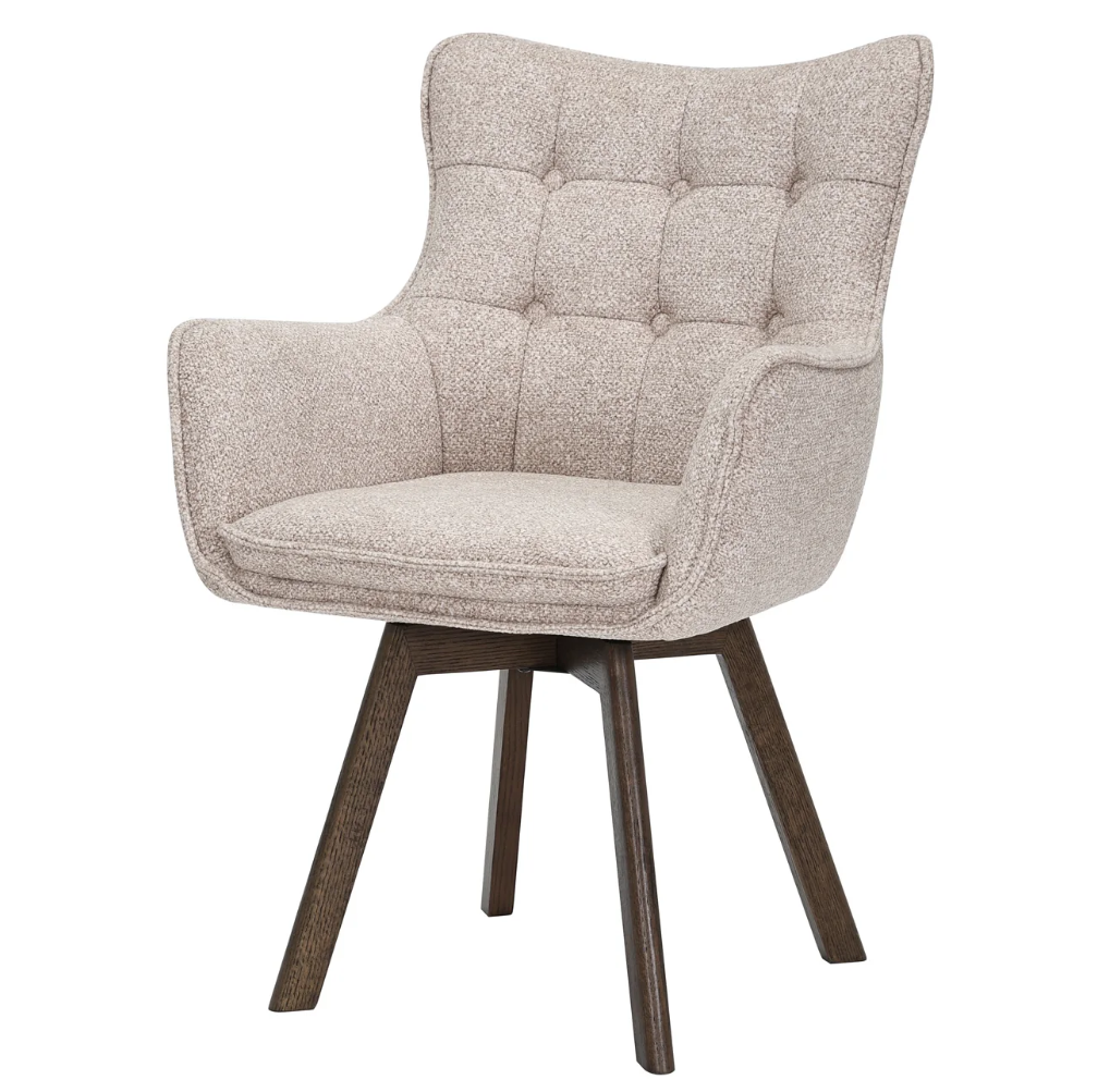 fotel obrotowy Thor, fotel z funkcją obrotu, fotel 360 stopni, fotel z drewnianymi nogami, fotel dębowy, fotel z podłokietnikami, fotel do salonu, elegancki fotel tapicerowany, fotel w jasnobrązowej tkaninie