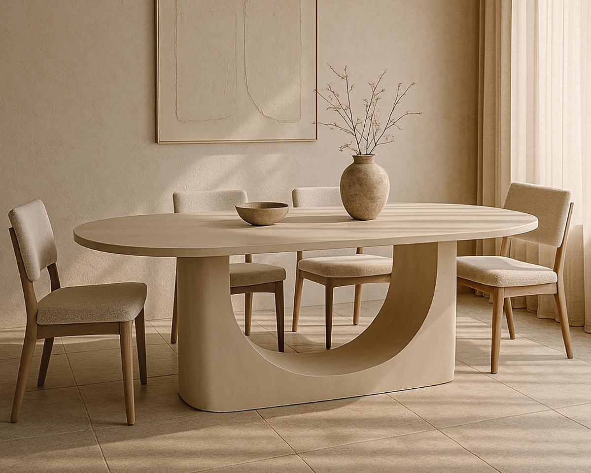 stół Icaro, stół z drewna mango, nowoczesny stół do jadalni, designerski stół, elegancki stół jadalniany, stół z zaokrąglonym blatem, stół z łukową podstawą, stół premium do jadalni, stół inspirowany sztuką, stół nowoczesny i elegancki