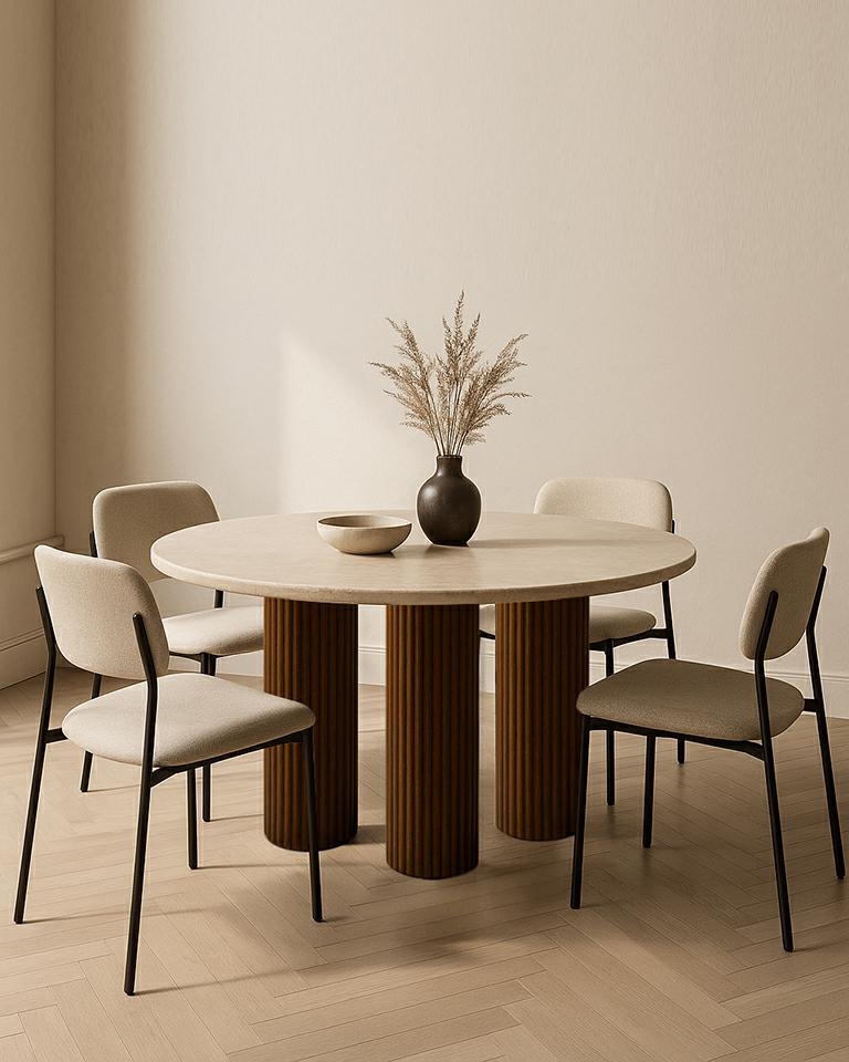 stół Ragno, stół jadalniany marmurowy, stół 120 cm marmur, stół marmur Boto Chino, stół z drewna mango, stół nowoczesny okrągły, stół designerski do jadalni, stół elegancki drewniany, stół ryflowana podstawa, stół okrągły marmurowy