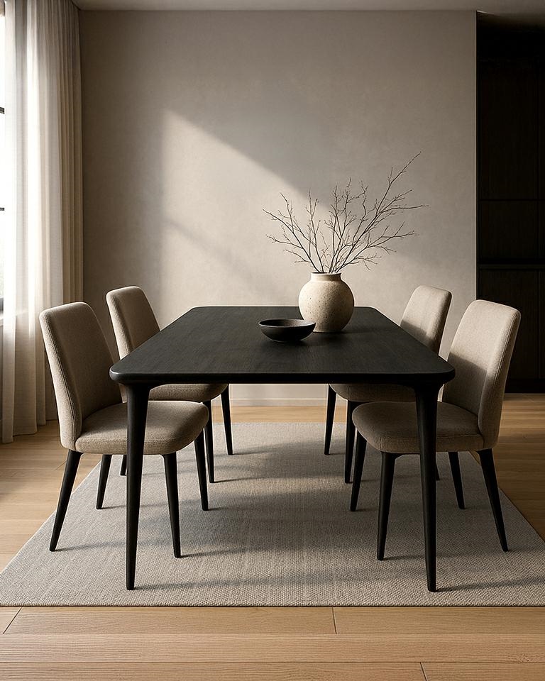 stół jadalniany Laminar, stół czarny drewno, stół z drewna mango, stół nowoczesny do jadalni, stół designerski, stół minimalistyczny, stół z organicznym blatem, stół smukła podstawa, stół elegancki i nowoczesny