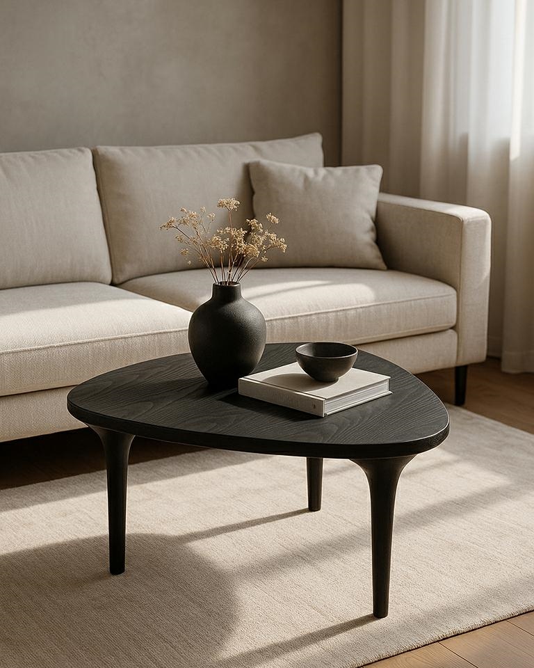 stolik kawowy Laminar, stolik czarny drewno, stolik z drewna mango, stolik nowoczesny, stolik designerski, stolik minimalistyczny, stolik z organicznym blatem, stolik smukła podstawa