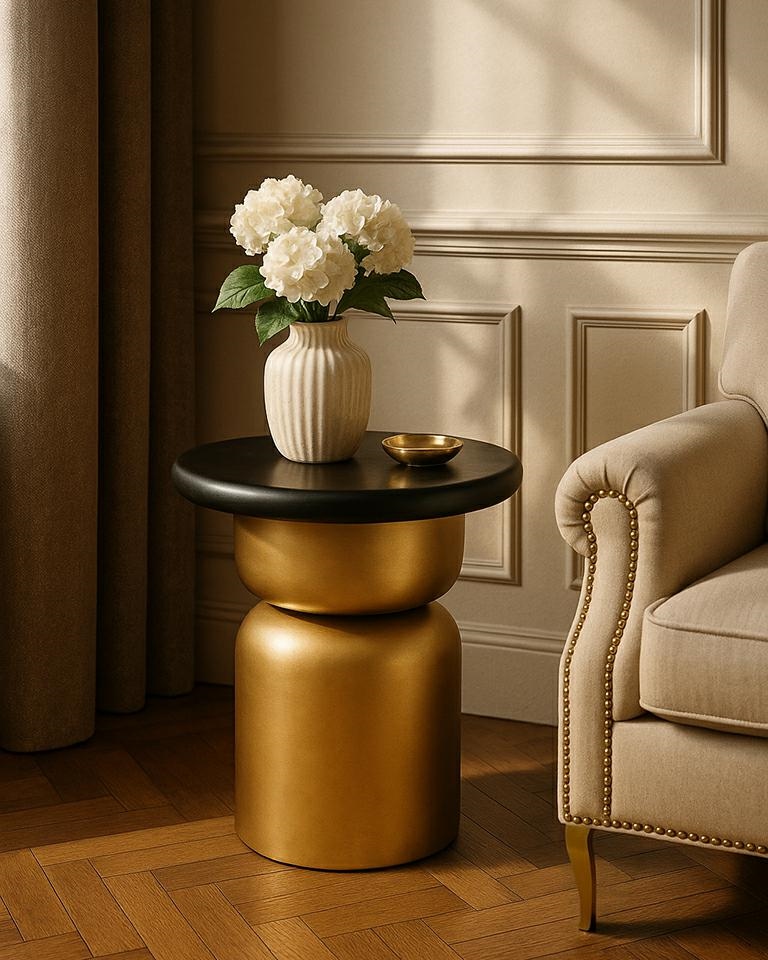 stolik boczny Leonardo, stolik złoty i czarny, stolik z drewna mango i MDF, stolik nowoczesny, stolik designerski, stolik luksusowy, stolik elegancki, stolik do salonu